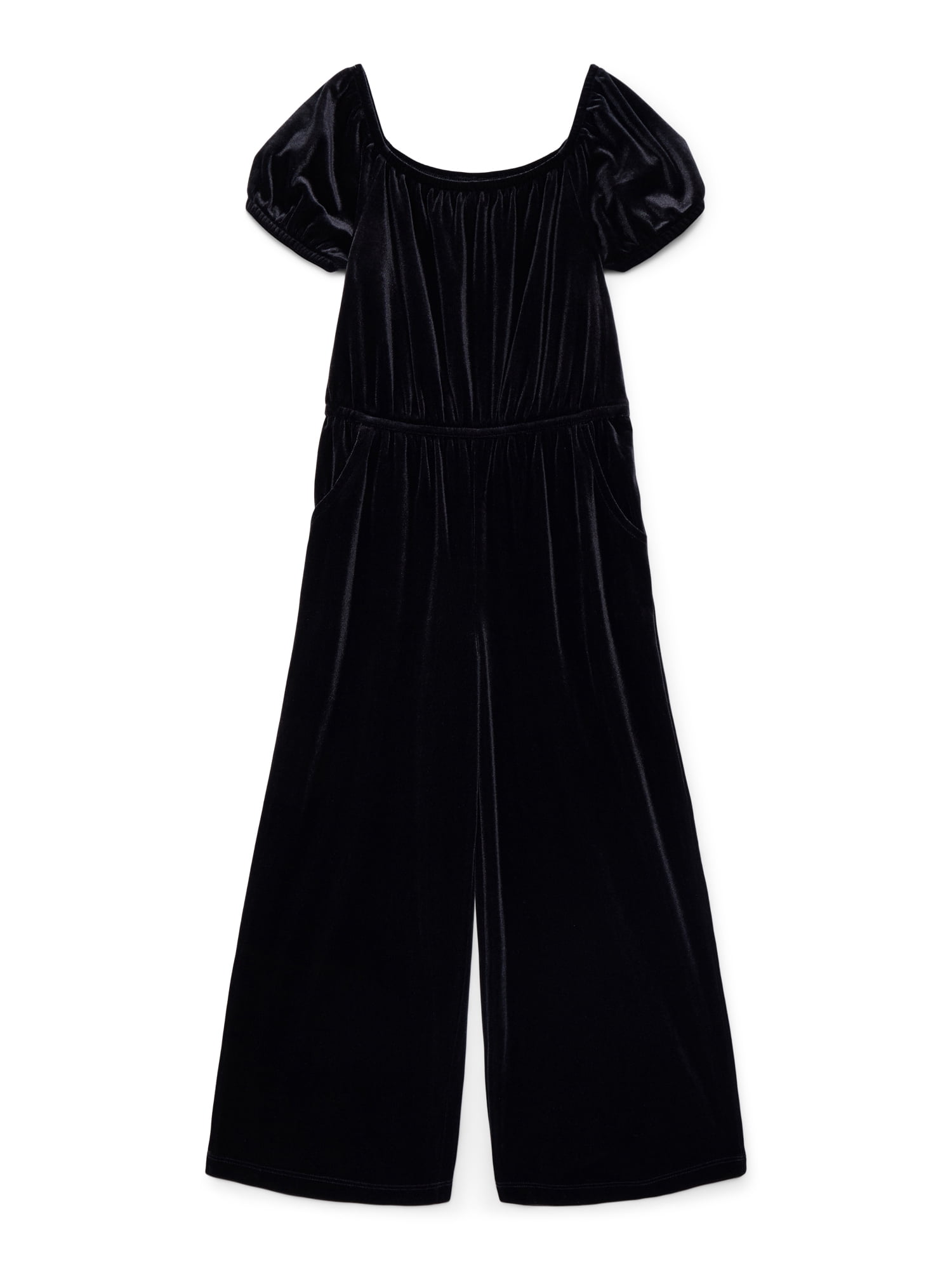 Wonder Nation Girls Velour Wide Leg Jumpsuit with Puff Sleeves, Sizes 4-18 & Plus
