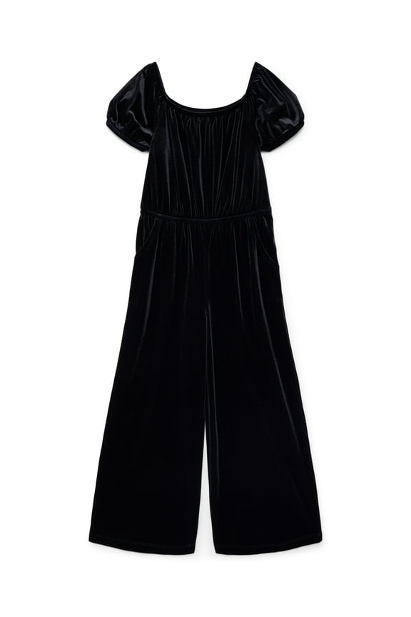 Girls Velour Wide Leg Jumpsuit with Puff Sleeves, Sizes 4-18 & Plus