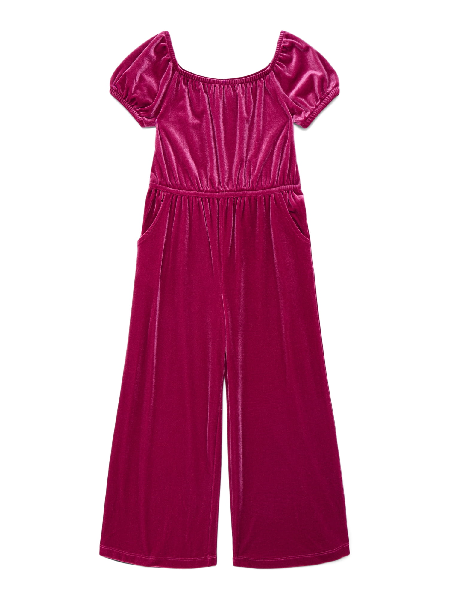 Wonder Nation Girls Velour Wide Leg Jumpsuit with Puff Sleeves, Sizes 4-18 & Plus