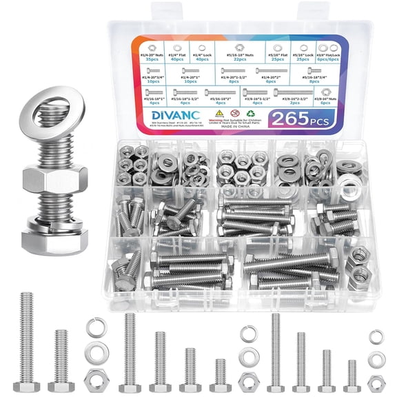 265Pcs Hex Bolts and Nuts Assortment Kit, 1/4-20, 5/16-18, 3/8-16 Assorted Hex Head Bolts and Nuts, Flat & Lock Washers Kit, 304 Stainless Steel Machine Screw Sets (Silver-Hex Bolt & Nut Set)