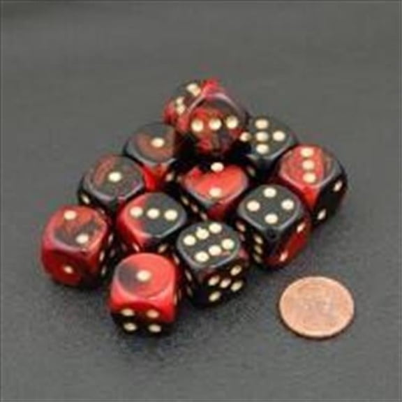 26633 D6 Cube Gemini Set Of 12 Dice, 16 mm - Black & Red With Gold Numbering