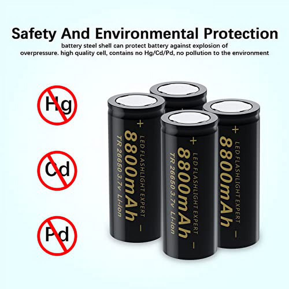 4-Pack 26650 Rechargeable Batteries 6800mAh 3.7V Flat Top With Charger - High Capacity For Flashlights, Headlamps