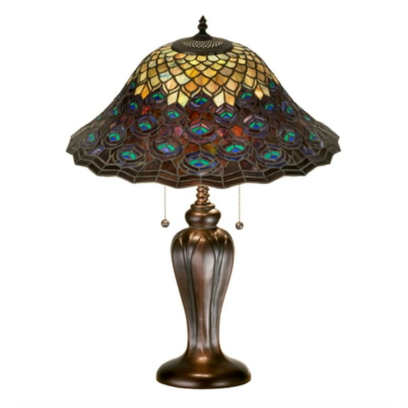 26666 Meyda 25"H Tiffany Peacock Feather Table Lamp