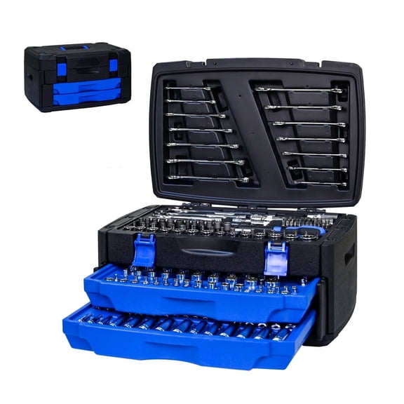 266Pcs Handle Tool Set, Carbon Steel Socket Wrench Kit with Lockable Storage Case for Father, Black & Blue