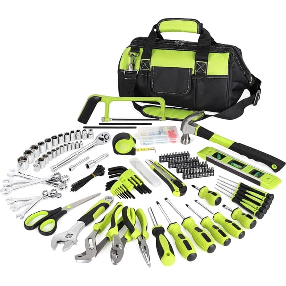 267-Piece Home Tool Set, Household Repairing Tool Kit with 13-Inch Wide Mouth Open Tool Bag, Mechanics Hand Tool Kit for DIY, Home Maintenance, Green