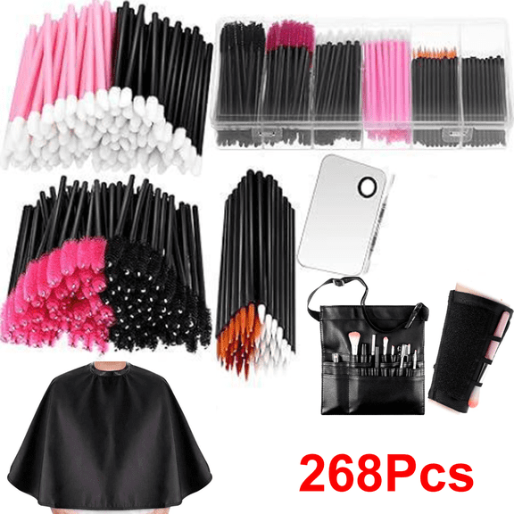268 Pcs Disposable Makeup Tools Kit, Includes Eyeliner Brushes Makeup Short Waterproof Cape Stainless Steel Palette Mascara Wands Lipstick Applicators