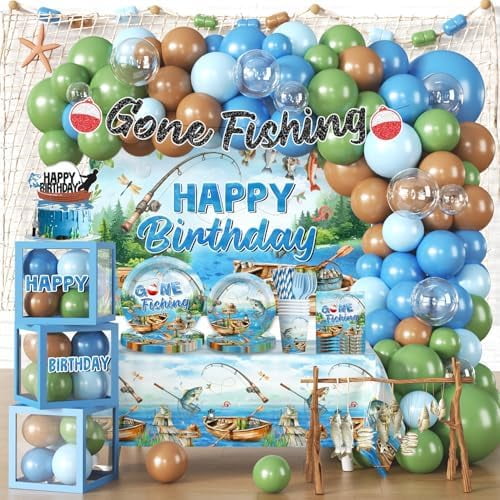 268pcs Fishing Birthday Party Decorations Complete Party Set, for 25 Guests, Fishing Birthday Decorations, includes Fish Themed Balloons, Plates, Banner, Backdrop, Tablecloths, etc