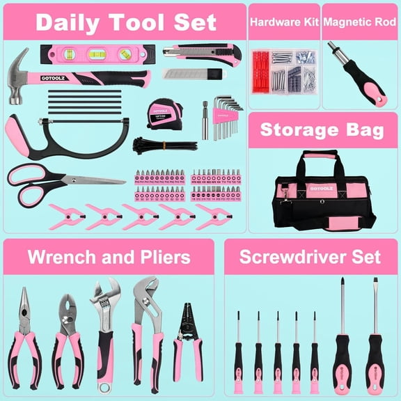 269-Piece Home Tool Set, Household Repairing Tool Kit with Storage Bag, Basic Hand Tool Kit Set for Home Maintenance, and Crafts(Pink)