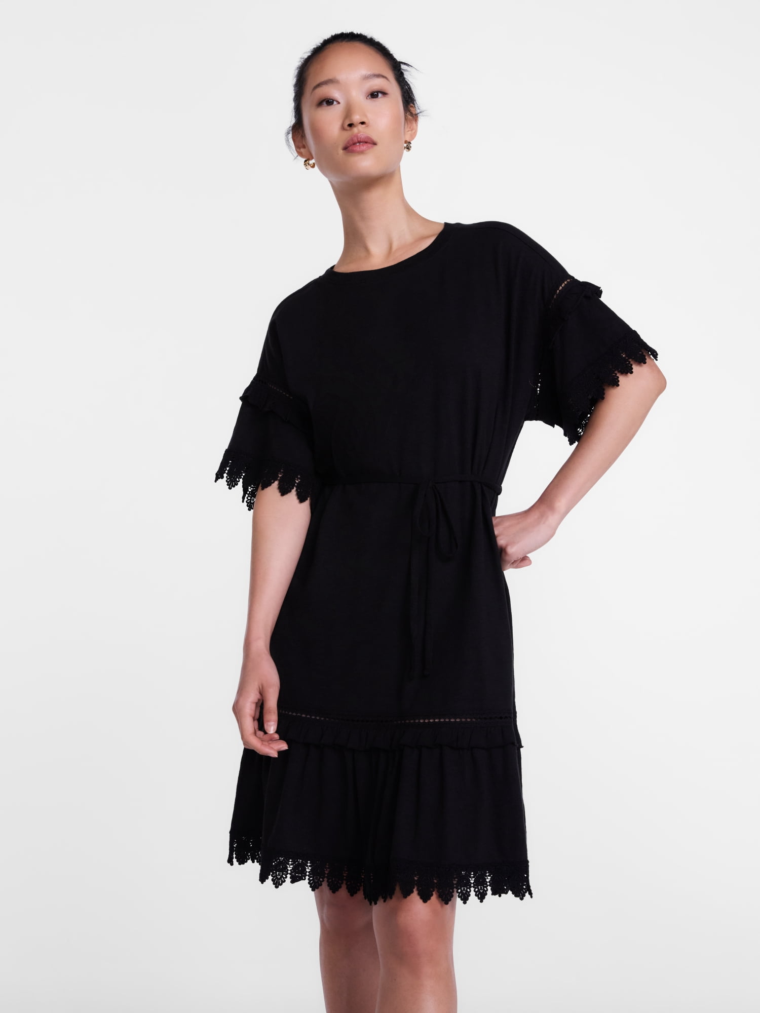 Scenario Women's Lace Trim Knit Dress with Short Sleeves, Sizes XS-XXXL