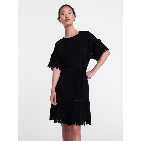 Scenario Women's Lace Trim Knit Dress with Short Sleeves, Sizes XS-XXXL