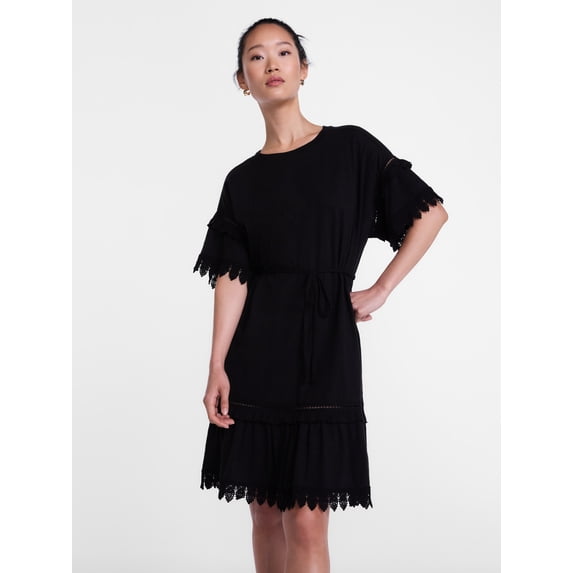 Scenario Women's Lace Trim Knit Dress with Short Sleeves, Sizes XS-XXXL