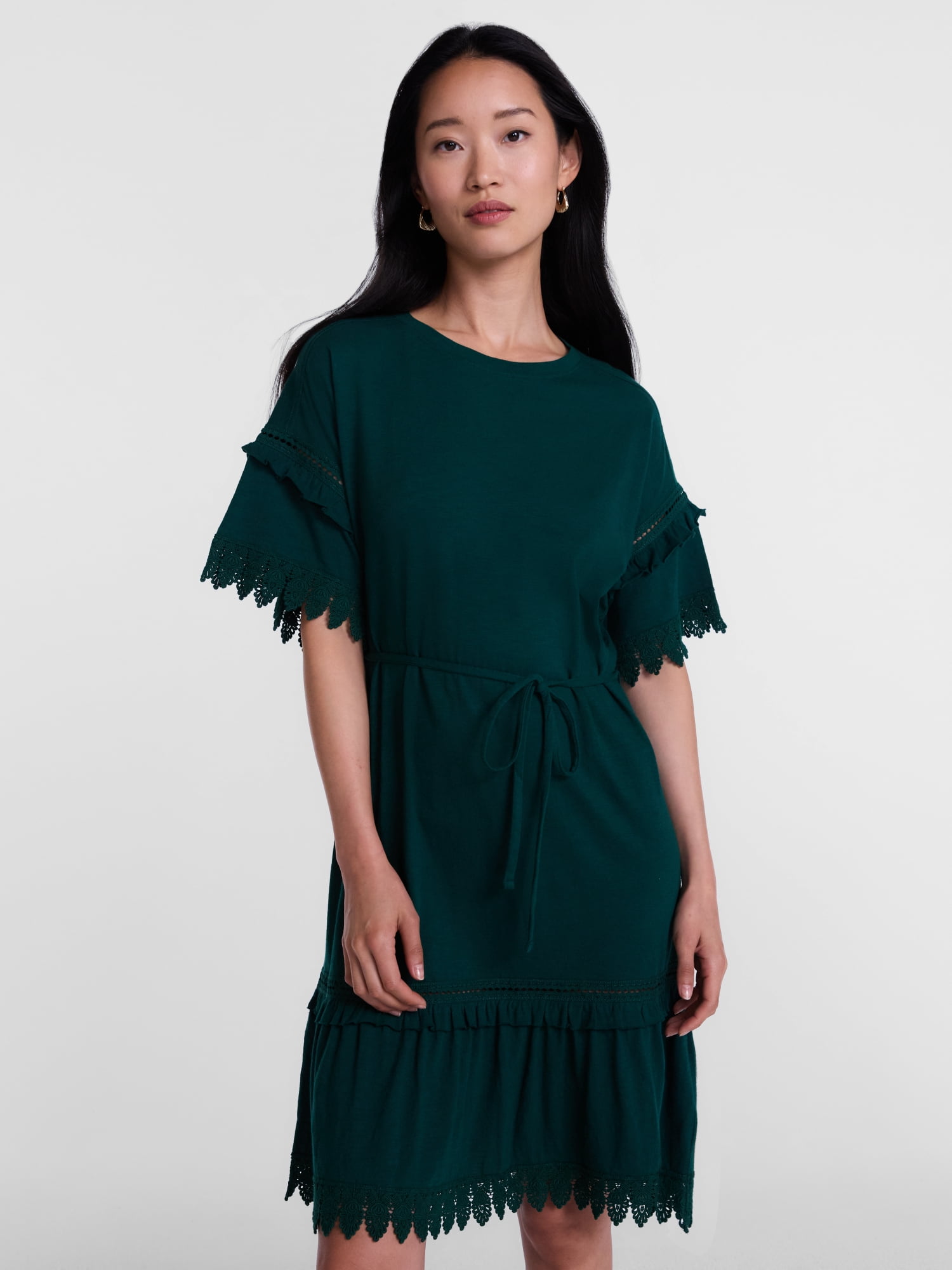Scenario Women's Lace Trim Knit Dress with Short Sleeves, Sizes XS-XXXL