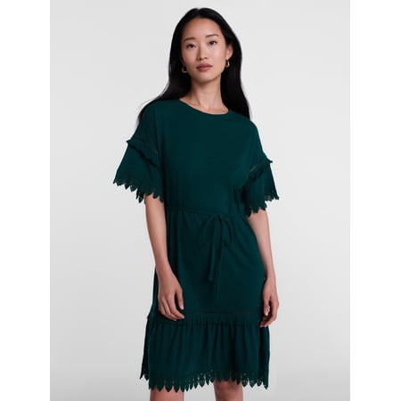 Scenario Women's Lace Trim Knit Dress with Short Sleeves, Sizes XS-XXXL