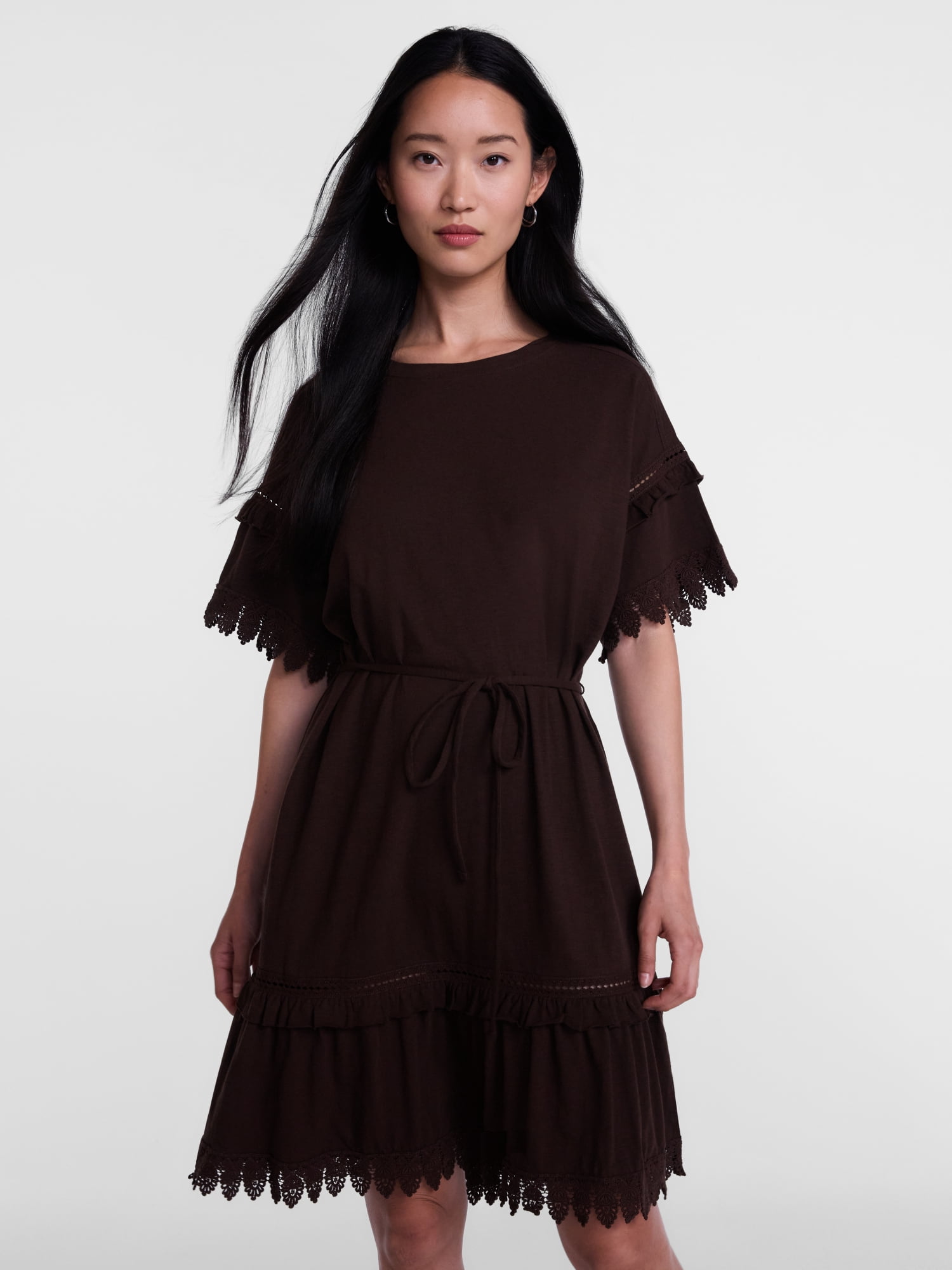 Scenario Women's Lace Trim Knit Dress with Short Sleeves, Sizes XS-XXXL