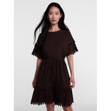 Scenario Women's Lace Trim Knit Dress with Short Sleeves, Sizes XS-XXXL