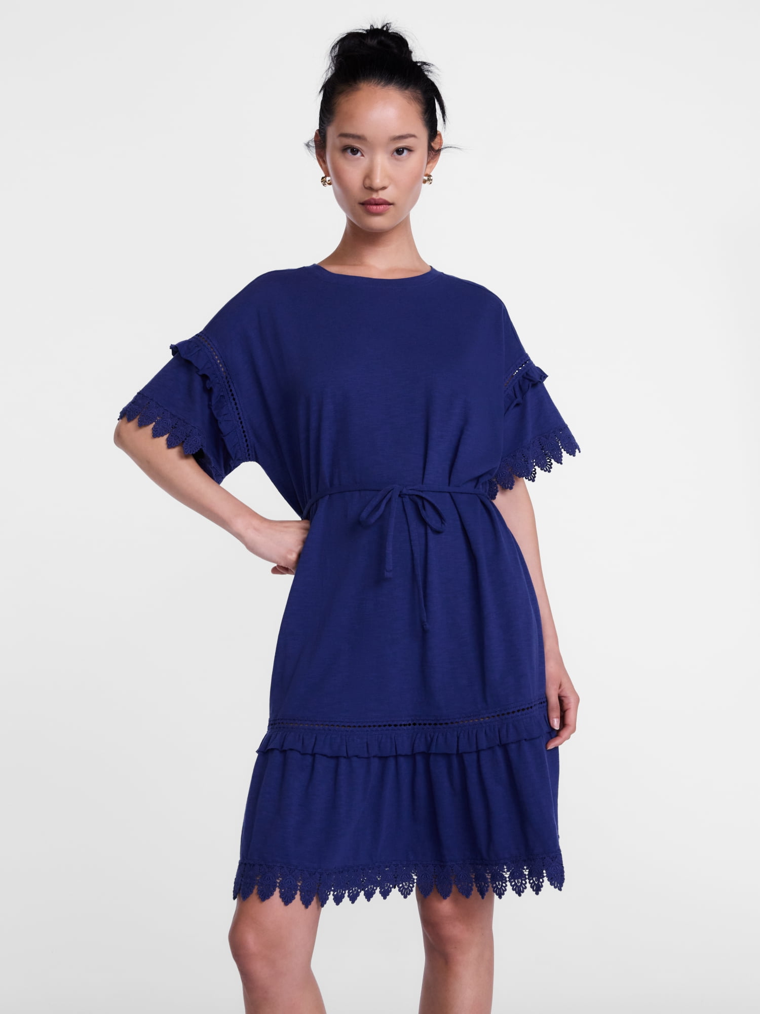 Scenario Women's Lace Trim Knit Dress with Short Sleeves, Sizes XS-XXXL