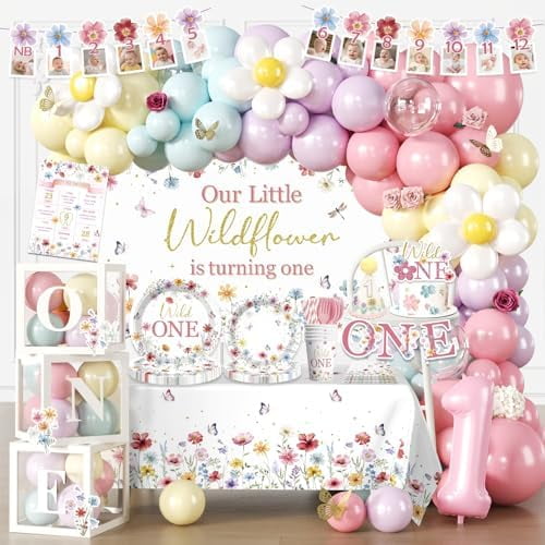 269pcs Wildflower 1st Birthday Decorations Girl, One-stop Set for 25 People, Includes 350gsm Plates Backdrop and Tablecloths, Suitable for Wild and Onederful 1st Birthday Girl$$