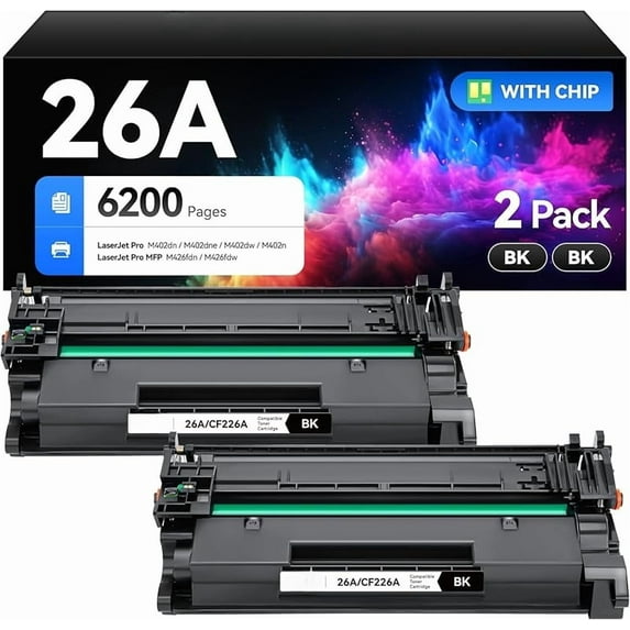 26A Black Toner Cartridge 2-Pack with Chip Replacement for HP 26A CF226A 26X CF226X Compatible with HP Laserjet Pro MFP M426fdn M426fdw M426dw M402dn M402dne M402dw M402n M402 M426