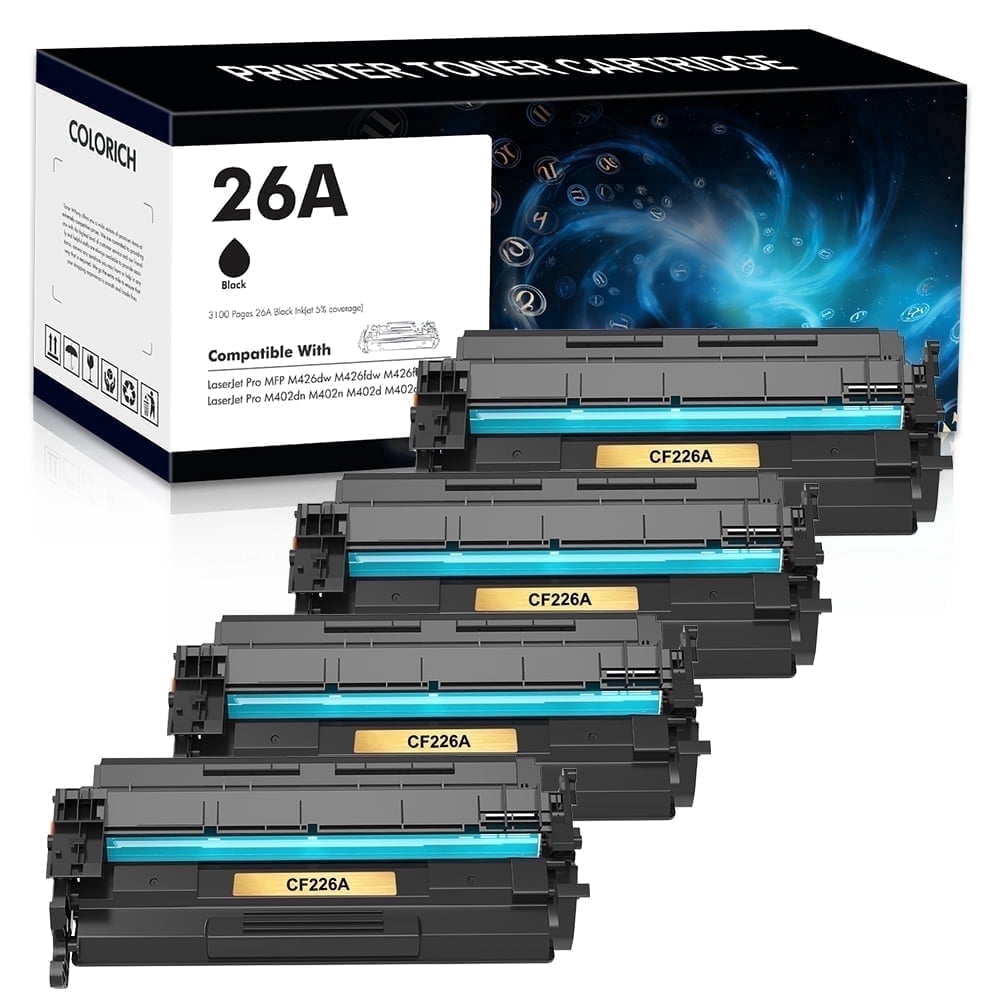 Colorich 26A CF226A Toner Cartidge Compatible for HP 26A CF226A 26X CF226X LaserJet Pro M402n M402dn M426 M402d M402dw Laser Jet MFP M426fdw M426fdn M402 M426dw Printer Ink Black 4-Pack