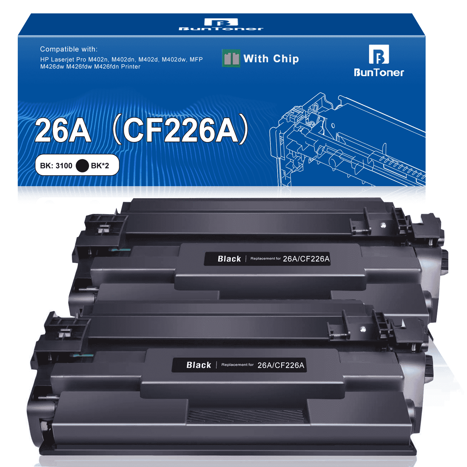 26A CF226A Black Toner Cartridge Compatible for HP 26A CF226A 26X CF226X for Laserjet Pro M402n M402dn M402dw MFP M426fdw M426dw Printer (2 Black)