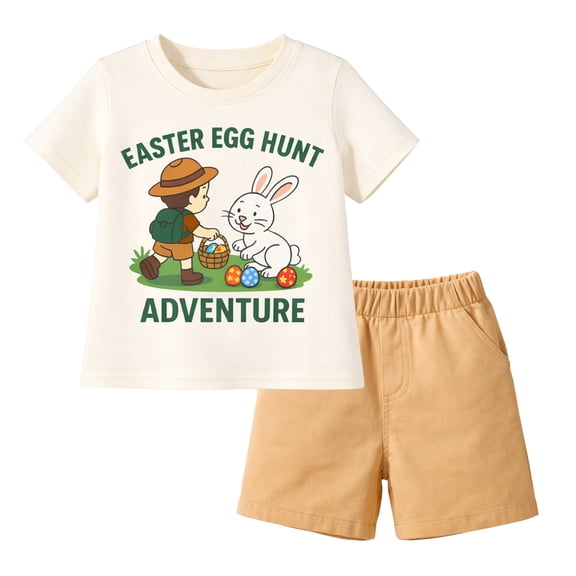 HILEELANG 2-7T Toddler/Little Boys Easter Egg Hunt Adventure Bunny Explorer 100% Cotton Top & Cotton-Spandex Shorts 2-Piece Outfit Set Size 2T