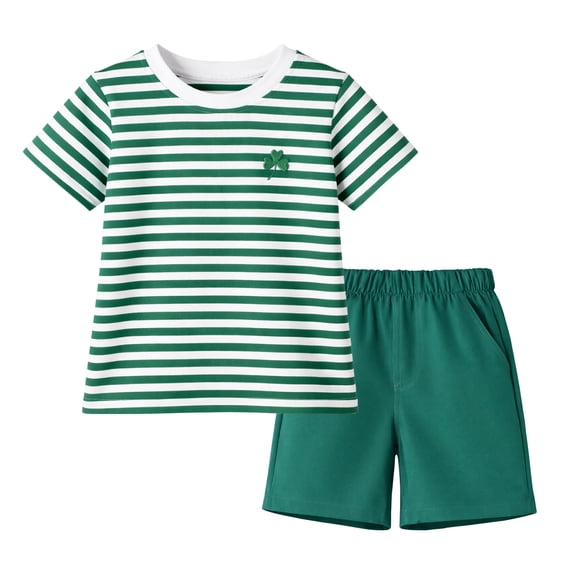 HILEELANG Toddler/Little Boys Size 2–7T Green Stripe Shamrock St. Patrick’s Day T-Shirt and Shorts Outfit, Size 3T