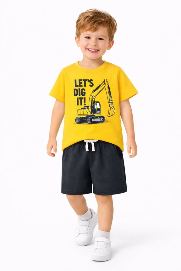 Toddler Boys 100% Cotton Let's Dig It Excavator Short Set, Sizes 5T