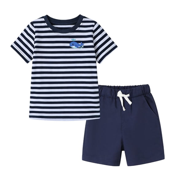 HILEELANG Little Boys 100% Cotton Stripe Whale Short Set, Sizes 6T