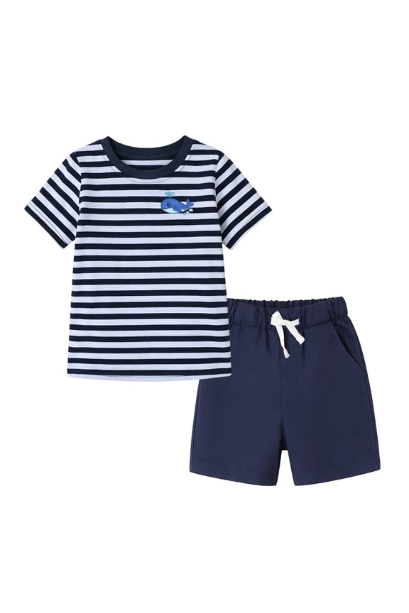Little Boys 100% Cotton Stripe Whale Short Set, Sizes 6T