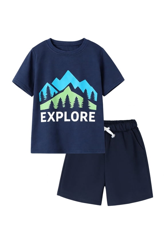 4-13 Little/Big Boys Navy Explore Mountain Graphic Cotton Blend Tops & Shorts Set, Size 4-5Y