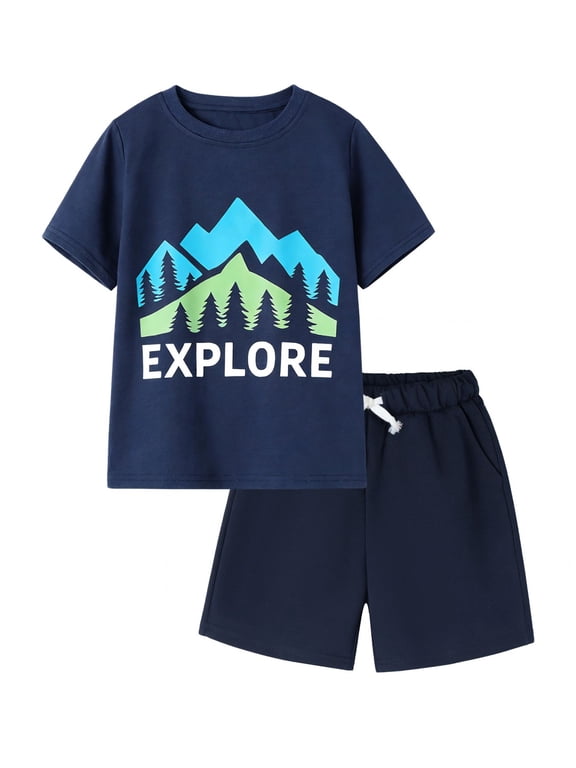 4-13 Little/Big Boys Navy Explore Mountain Graphic Cotton Blend Tops & Shorts Set, Size 8-9Y