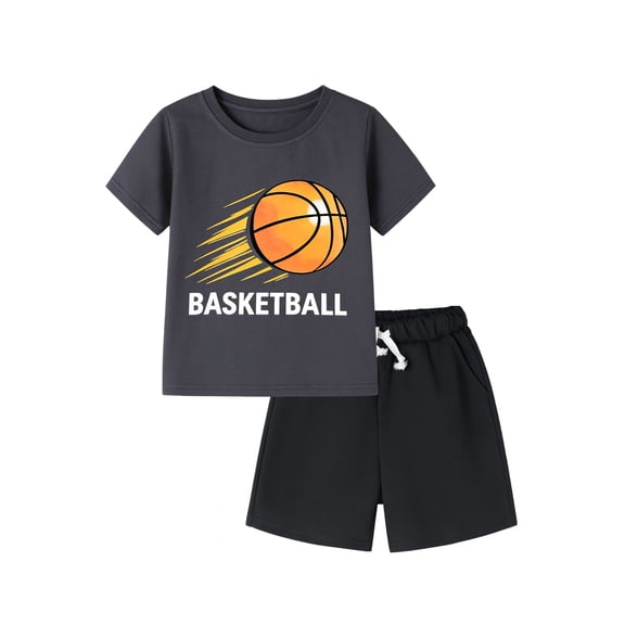 HILEELANG 4-13 Little/Big Boys Charcoal Basketball Graphic Cotton Blend Tops & Shorts Set, Size 6-7Y