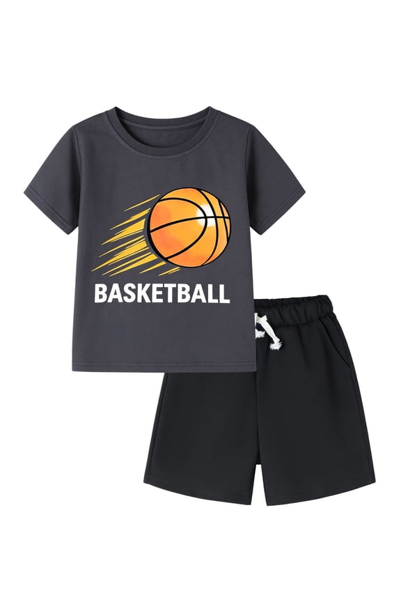 4-13 Little/Big Boys Charcoal Basketball Graphic Cotton Blend Tops & Shorts Set, Size 8-9Y