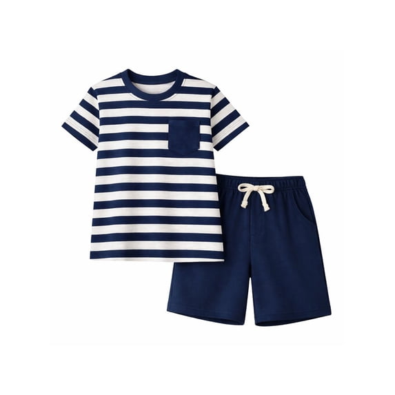 HILEELANG Little/Big Boys 4–13 Navy Stripe 2-Piece Outfit, Cotton-Blend Stretch T-Shirt and Knit Shorts Set, Summer Clothes for Boys, Size 8-9Y