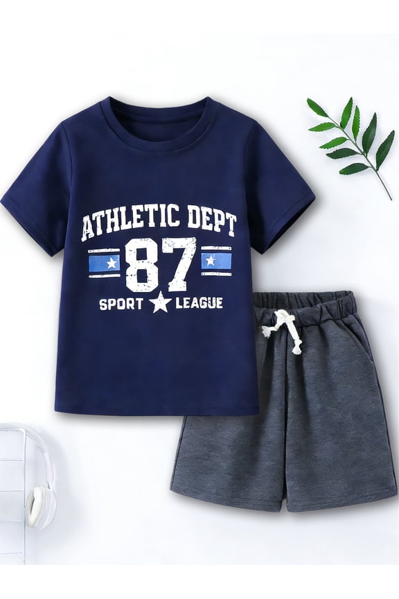 4-13 Little/Big Boys Navy Athletic Dept Sport League Cotton Blend Tops & Shorts Set, Size 8-9Y