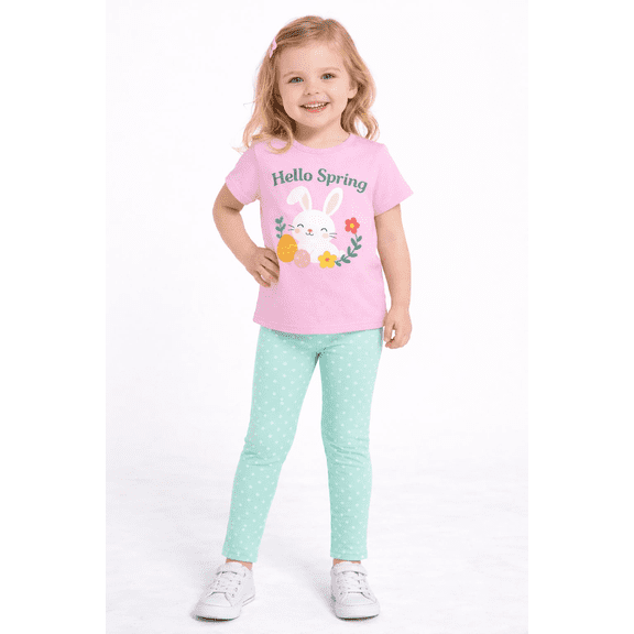 HILEELANG 2–7T Toddler/Little Girls Happy Easter Bunny Outfit, Pink 100% Cotton Top & Mint Polka Dot Leggings Set, Size 4T