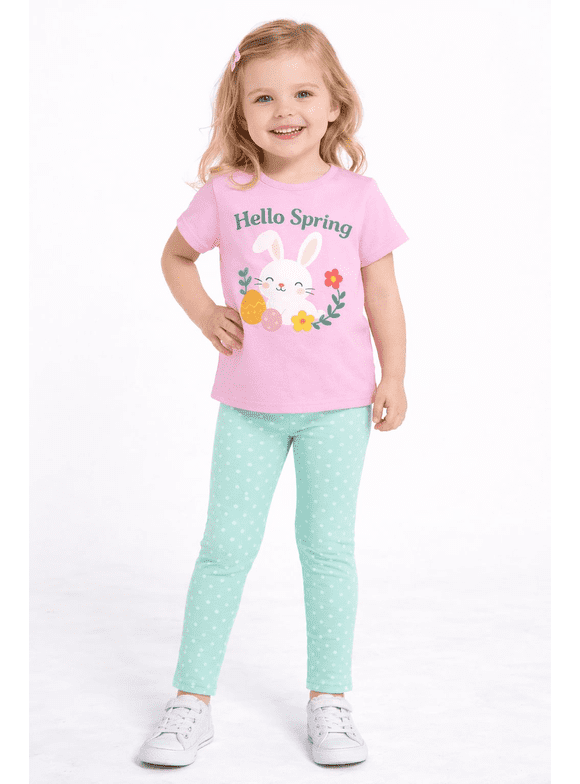 2–7T Toddler/Little Girls Happy Easter Bunny Outfit, Pink 100% Cotton Top & Mint Polka Dot Leggings Set, Size 4T