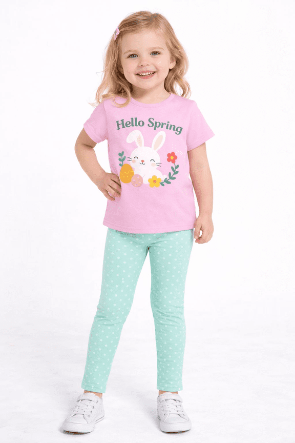 2–7T Toddler/Little Girls Happy Easter Bunny Outfit, Pink 100% Cotton Top & Mint Polka Dot Leggings Set, Size 4T