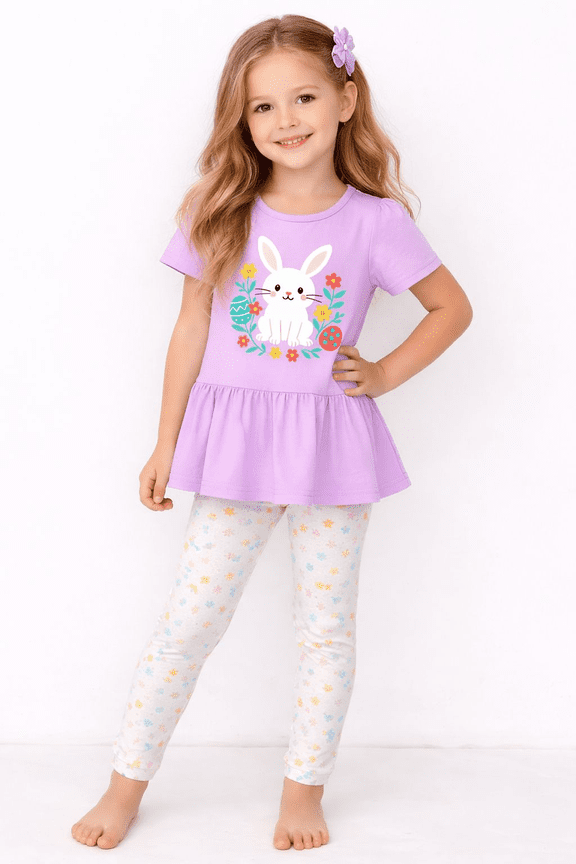 2–7T Toddler/Little Girls Easter Bunny Peplum Outfit, Purple Flutter Sleeve Top & Floral Leggings Set, Size 3T