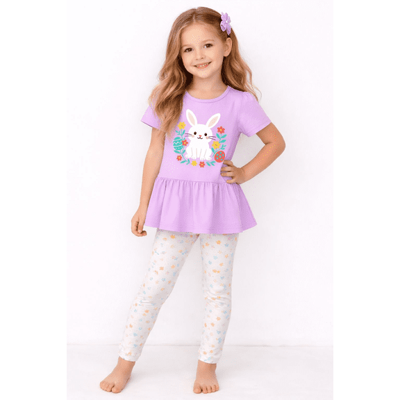 HILEELANG 2–7T Toddler/Little Girls Easter Bunny Peplum Outfit, Purple Flutter Sleeve Top & Floral Leggings Set, Size 5T