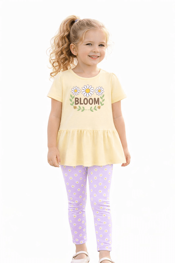 2–7T Toddler/Little Girls Spring Daisy BLOOM Outfit, Yellow Peplum Top & Purple Daisy Leggings Set, Size 4T