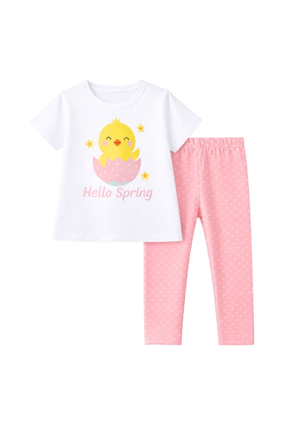2–7T Toddler/Little Girls Hello Spring Chick Outfit, White 100% Cotton Top & Pink Polka Dot Leggings Set, Size 4T