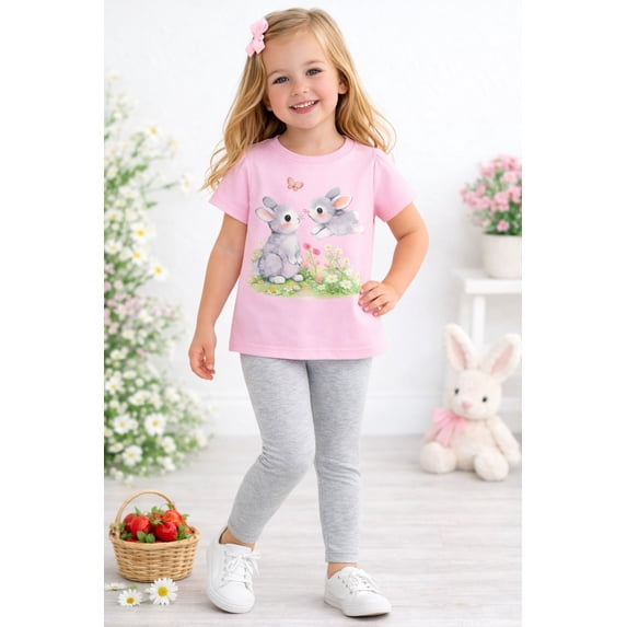 HILEELANG Toddler Girls 100% Cotton Bunny Daisy Puff Sleeve Legging Set, Sizes 5T