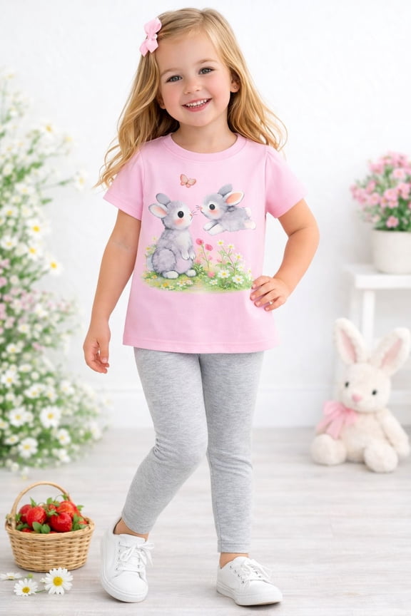2–7T Toddler/Little Girls Watercolor Bunny Outfit, Pink 100% Cotton Top & Gray Leggings Set, Size 5T