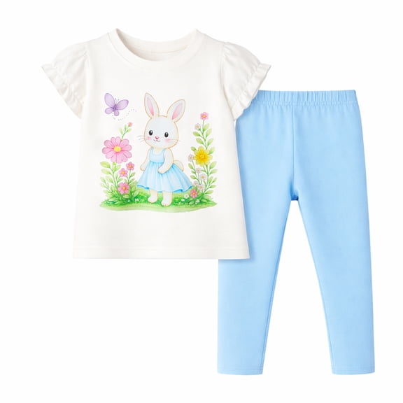 HILEELANG 2–7T Toddler/Little Girls Easter Bunny Outfit, Cream 100% Cotton Top & Light Blue Leggings Set, Size 4T
