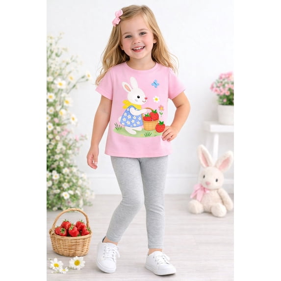 HILEELANG Toddler Girls 100% Cotton Bunny Strawberry Legging Set, Sizes 3T