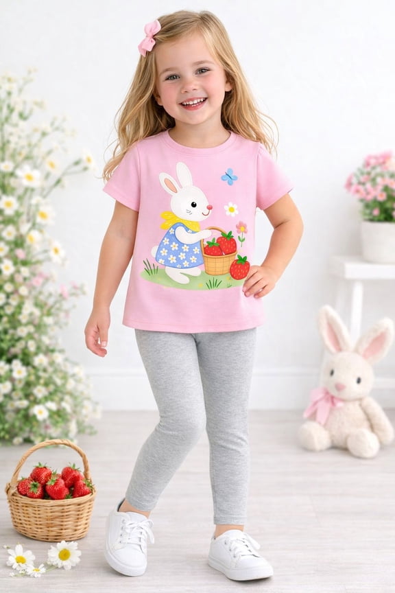 2–7T Little Girls Spring Strawberry Bunny Outfit, Pink 100% Cotton Top & Gray Leggings Set, Size 6T