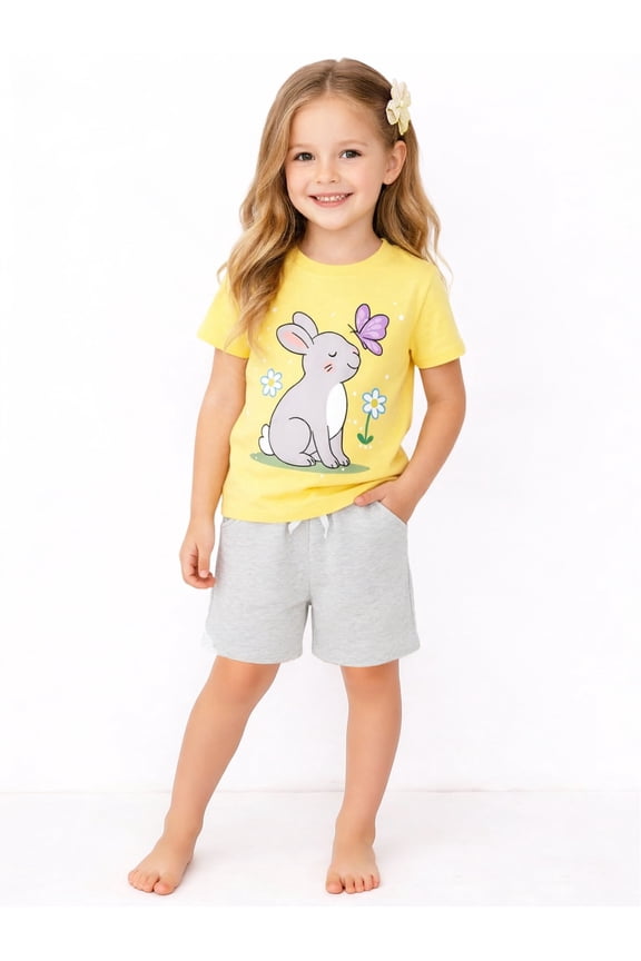 Toddler Girls 100% Cotton Hello Spring Bunny Short Set, Sizes 5T
