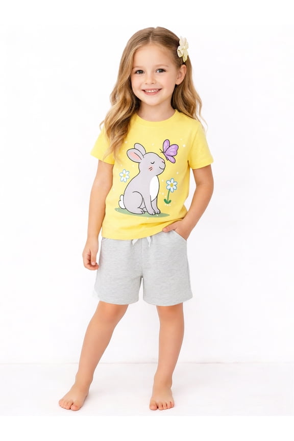 Toddler/Little Girls 2–7T Yellow Hello Spring Bunny T-Shirt and Shorts Outfit, Size 6T