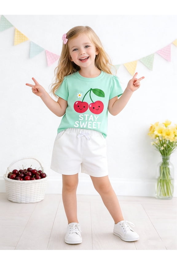 Toddler Girls 100% Cotton Stay Sweet Cherry Short Set, Sizes 3T